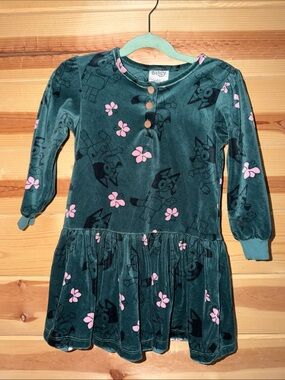 Green Velvet Kids Dress with Pink Floral & Character Print